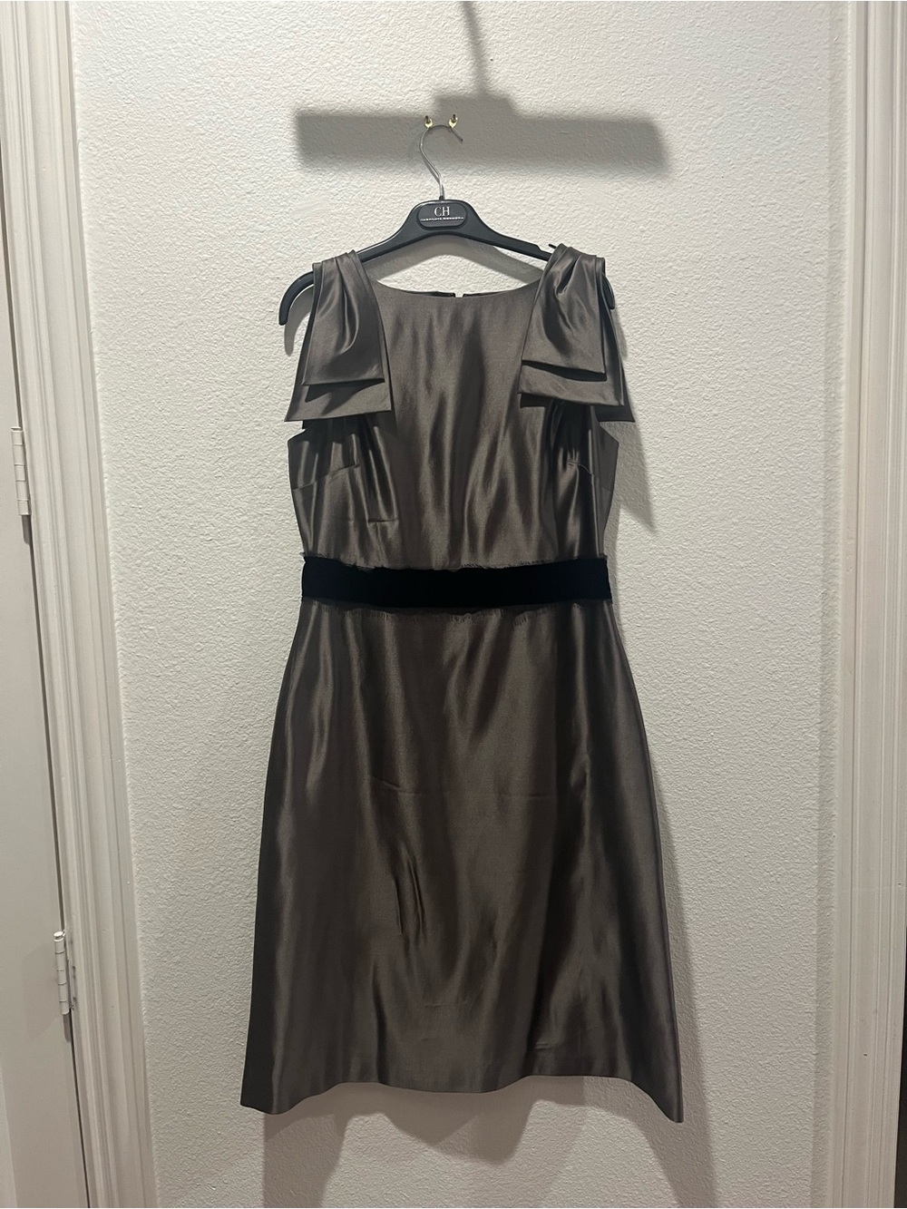 Carolina Herrera Metallic Gray Dress with Black Velvet Waistband